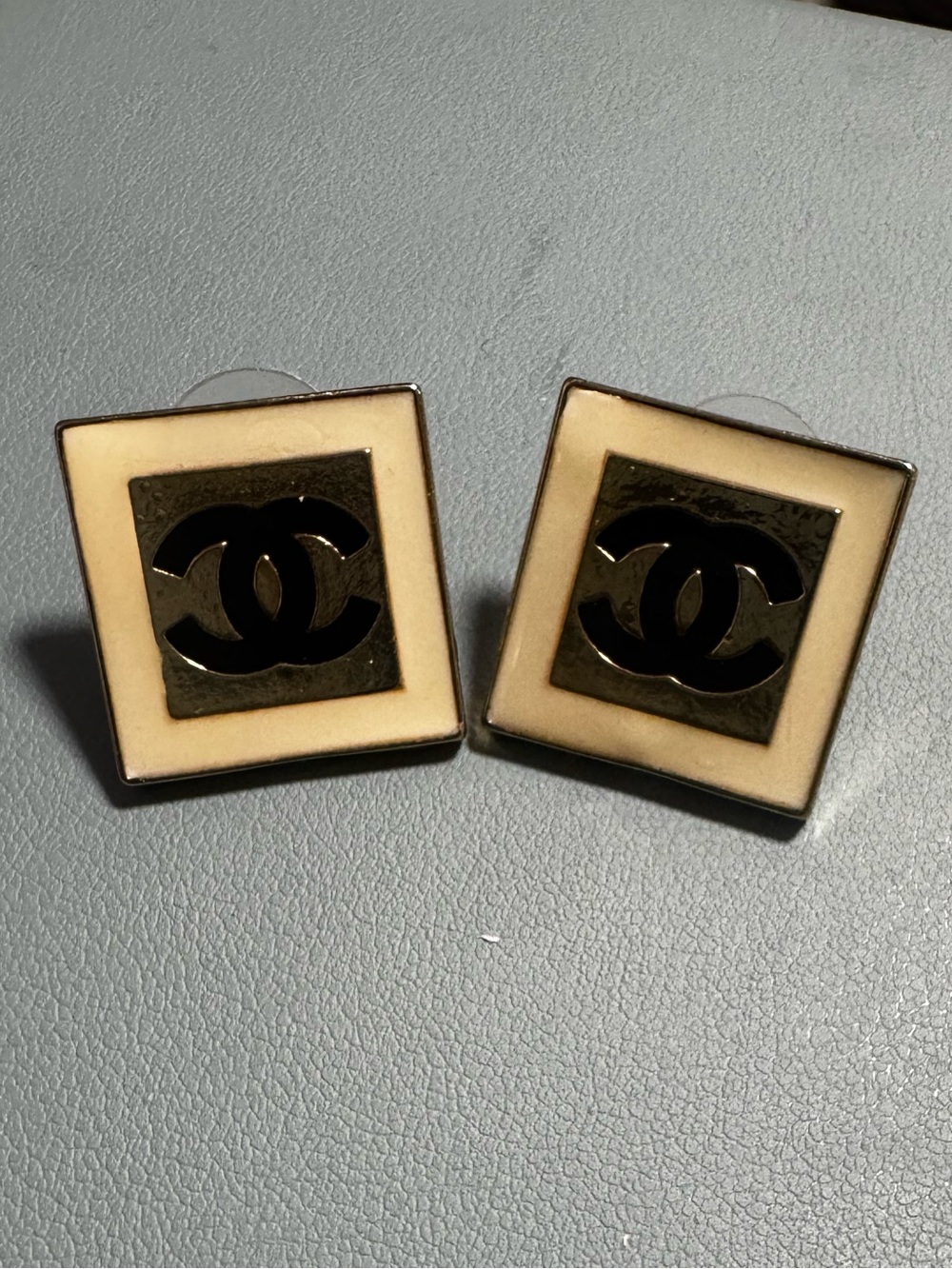CHANEL Cream and Black Square Logo Clip-On Earrings